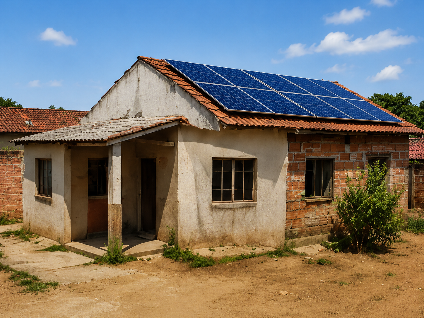 Casa de alvenaria no interior do Ceará com painéis solares instalados no telhado
