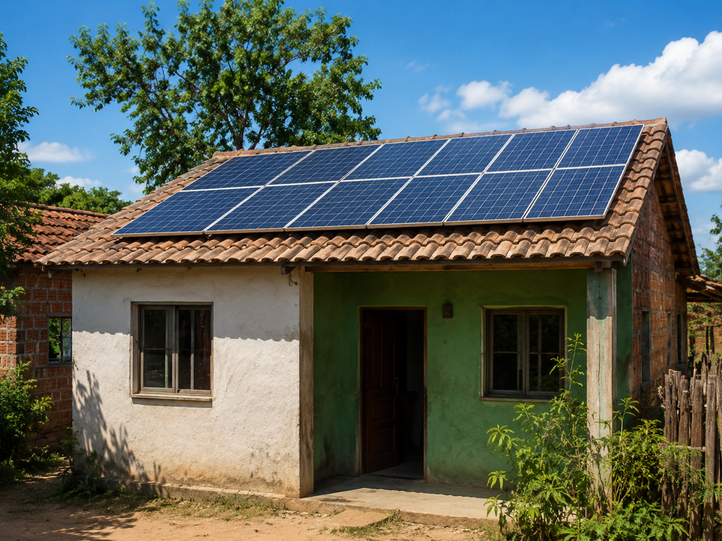 Casa simples com telhado coberto por painéis solares fotovoltaicos