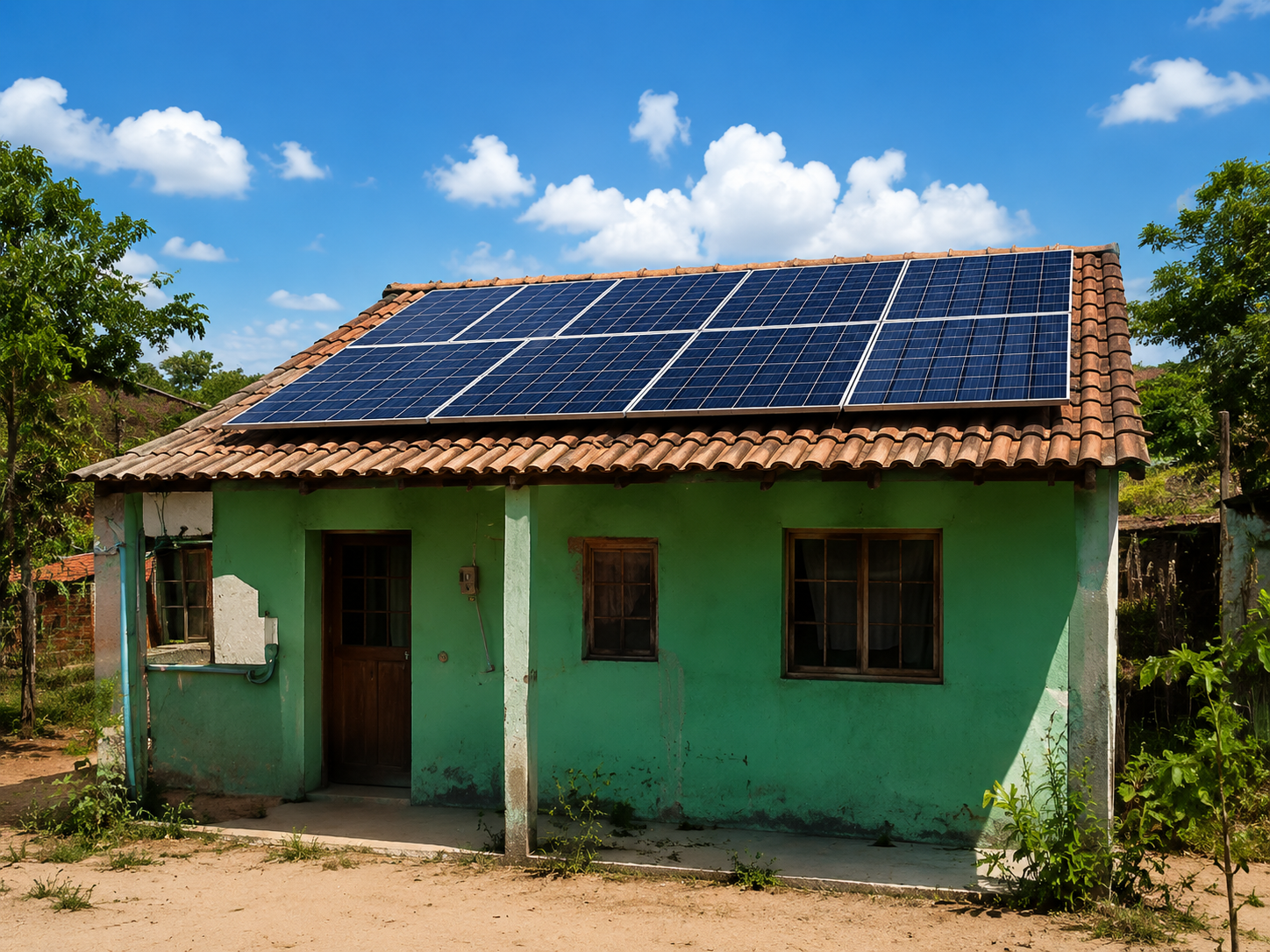 Casa pintada de verde com telhado coberto por painéis solares