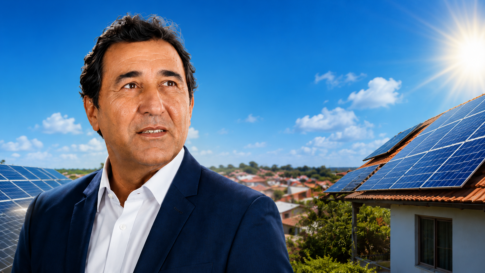 Robert Burns, candidato a Deputado Federal pelo Ceará, diante de residências com painéis solares